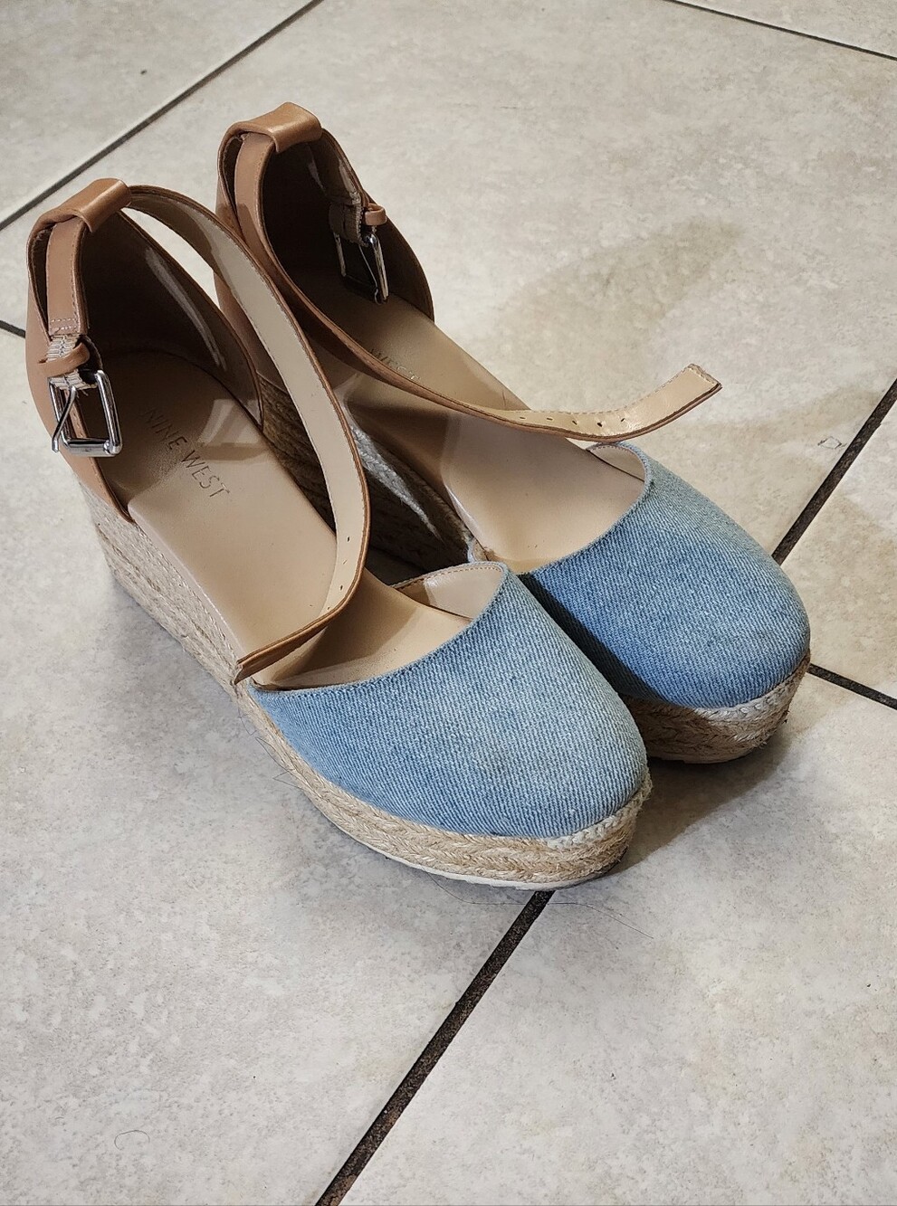 Nine West Denim Espadrille Wedge Sandals in Light Blue and Tan